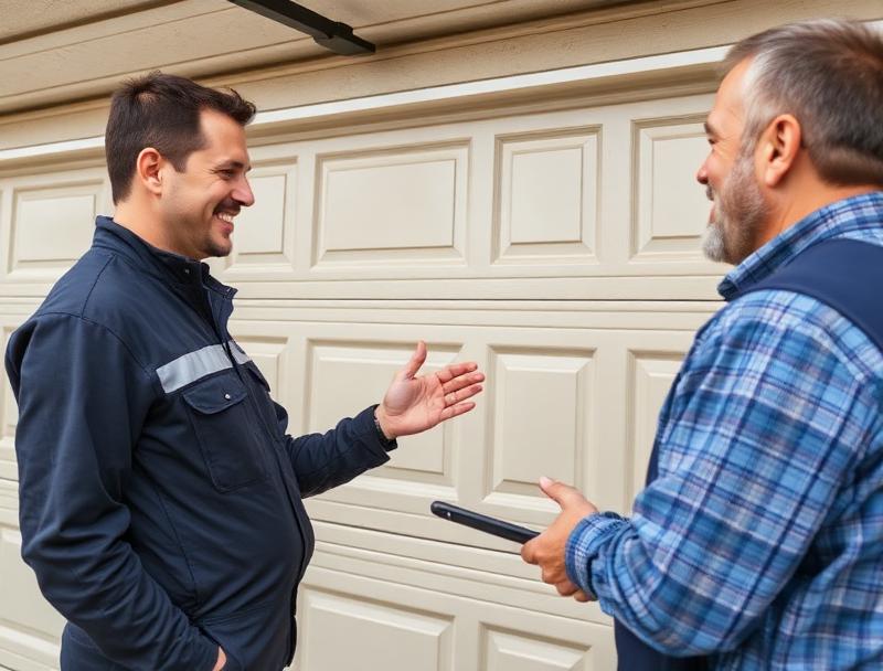 Garage Door University Place technician explaining repair options to a homeowner in University Place, WA